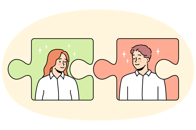 Jigsaw puzzles with man and woman connecting.  Illustration