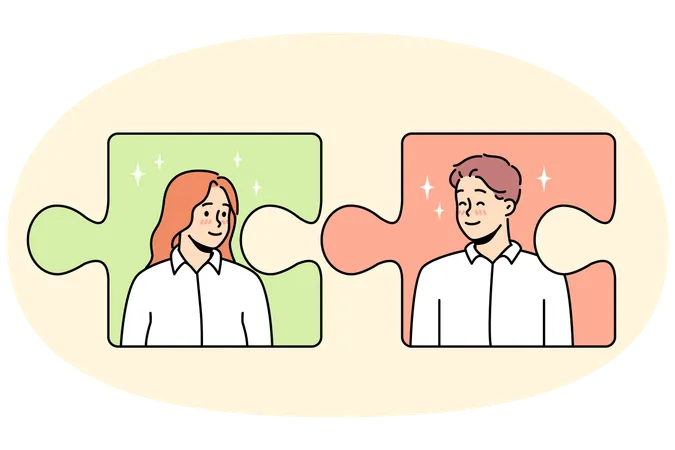 Jigsaw puzzles with man and woman connecting.  Illustration