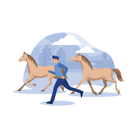 Jinete corre con el caballo.  Ilustración