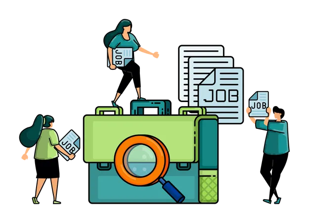 Illustration Of Hiring With Magnifying Glass In The Middle Of Briefcase And Pile Of Files Marked Jobs People Around As Applicants Holding Job Application Forms Illustration