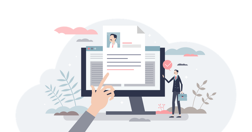 Job description and work duties and tasks information tiny person concept. Document with responsibility and position specification for new staff member vector illustration. Human resources hiring form Illustration