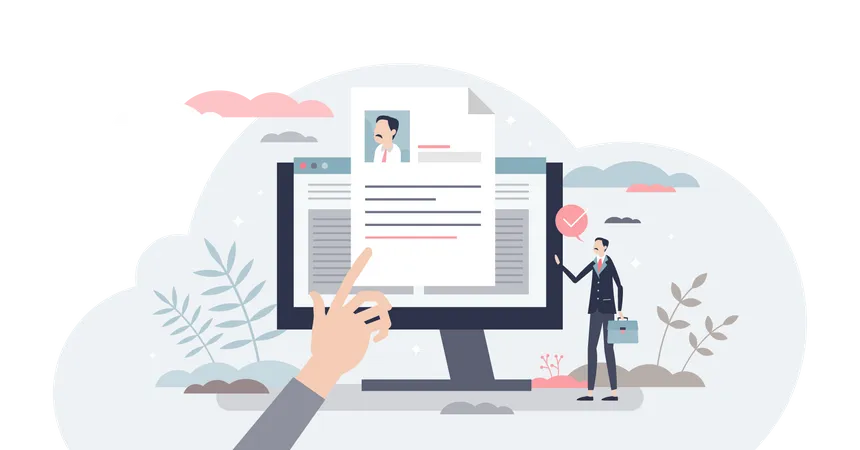 Job description and work duties and tasks information tiny person concept. Document with responsibility and position specification for new staff member vector illustration. Human resources hiring form Illustration