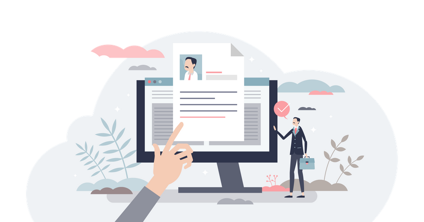 Job description and work duties and tasks information tiny person concept. Document with responsibility and position specification for new staff member vector illustration. Human resources hiring form  Illustration