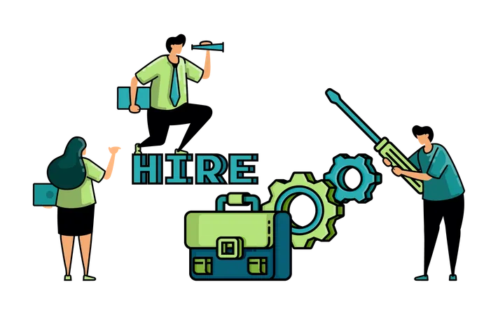 Illustration Of Hiring With The Words Hire And People Circle Briefcases On Cogwheels To Apply For Vocational And Engineering Jobs Illustration