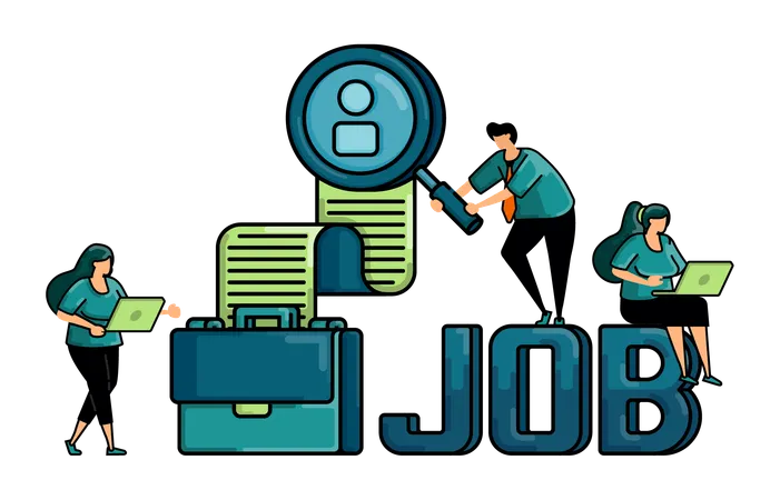 Illustration Of Hiring With The Words JOB In 3 D And Briefcase That Take Out A List Into Glass For The Metaphor Of Qualifications Of People Being Sought And Apply To Job Vacancies 일러스트레이션