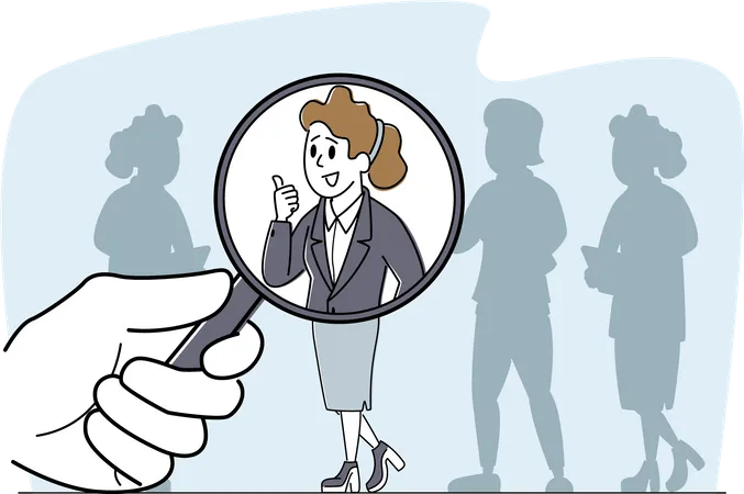 Job Hiring Business Recruitment Concept Huge Hand With Magnifier Choose Businesswoman Character Stand Out Of Crowd Search Talent Choose Employee Head Hunting Employment Linear Vector Illustration 일러스트레이션