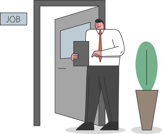 Concept Of Job Interview Businessman Is Hiring A New Staff Vacant Place In Office Man Is Waiting For New Candidates At The Door In The Corridor Cartoon Linear Outline Flat Vector Illustration Illustration
