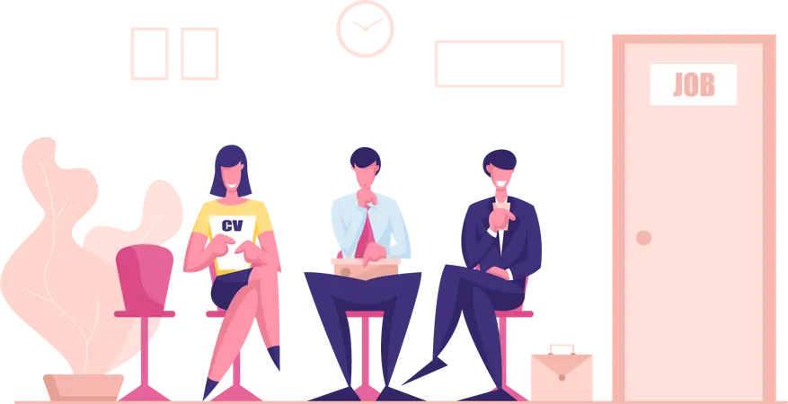 Young Men And Woman Candidates Characters With Cv Sitting On Chairs In Waiting Room Setting Mind Up Before Job Interview Or Meeting With Potential Business Partners Cartoon People Vector Illustration Illustration