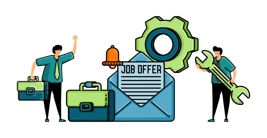 Illustration Of Hiring With The Words JOB OFFER And People Get Or Read Job Offers Via Email Notifications For Vocational Engineering And Office Jobs 일러스트레이션
