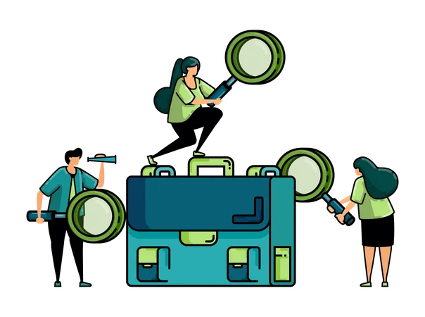 Illustration Of Hiring With People Holding Magnifying Glasses And Circling Briefcases For Job Vacancy And Struggle Of Finding Better Jobs Metaphor Illustration