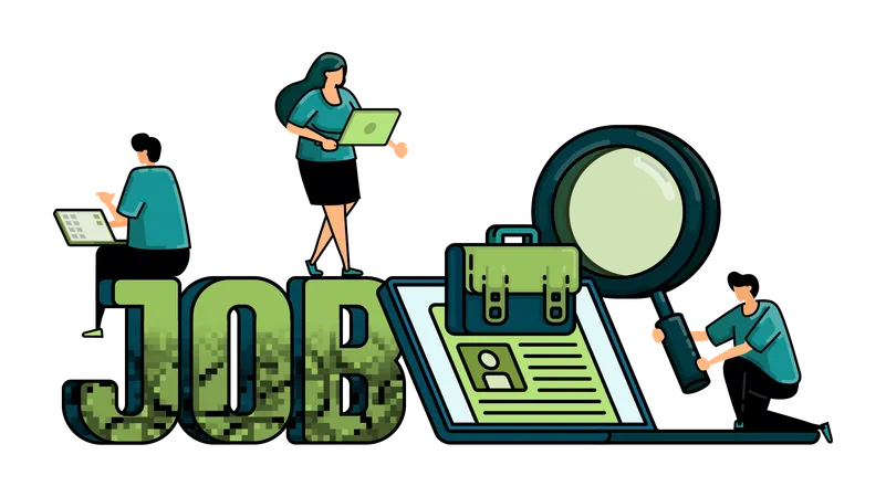 Illustration Of Hiring With The Words JOB In 3 D And Briefcase That Coming Out From Laptop Metaphor For Job Applicants Looking For Job Vacancies Online 일러스트레이션