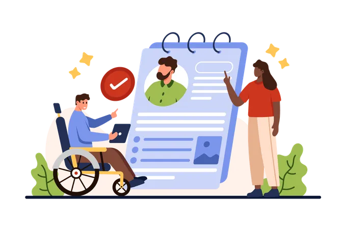 Assistance In Job Search For Person With Disability From Employment Agency Tiny Talent Man In Wheelchair With Approved Resume And Interview Support Of Woman In Hiring Cartoon Vector Illustration Illustration
