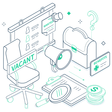 Job Search Isometric Green And Black Line Illustration HR Hiring A Candidate For A Vacancy And Employment Idea Recruitment Company Website Benefits Partnership Agreement Profile Illustration