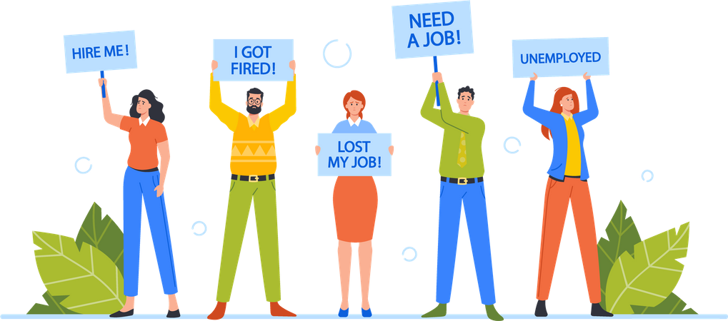 Jobless Businessmen and Businesswomen Characters Holding Signboard Illustration