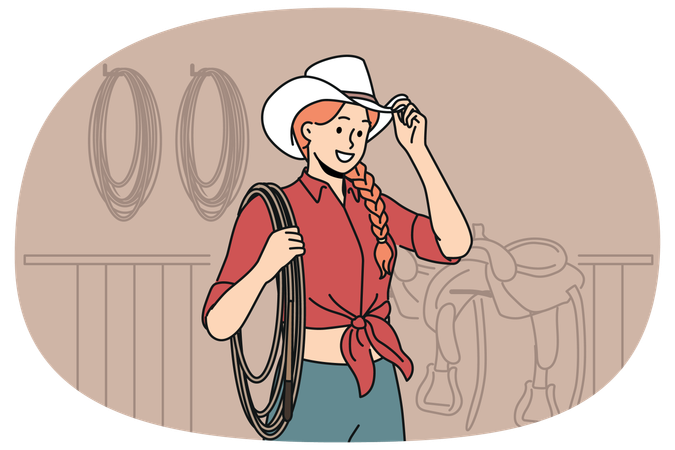 Jockey-Frau steht im Stall, trägt Cowboyhut und hält langes Seil und wartet auf das Erscheinen der Pferde  Illustration