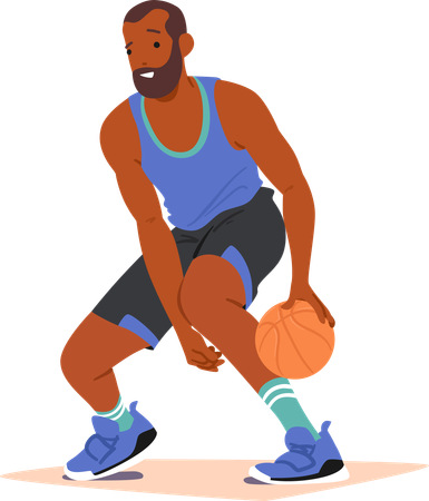 O personagem masculino qualificado do jogador de basquete dribla a bola com precisão  Ilustração