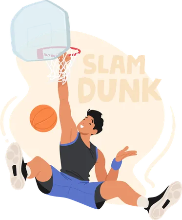 Personagem masculino de jogador de basquete executando uma enterrada que desafia a gravidade  Ilustração
