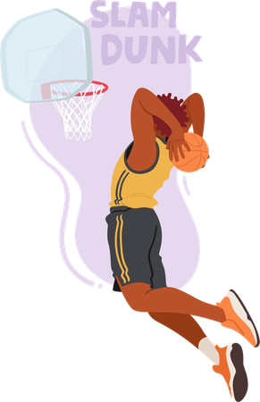 Personagem masculino de jogador de basquete voa pelo ar  Ilustração