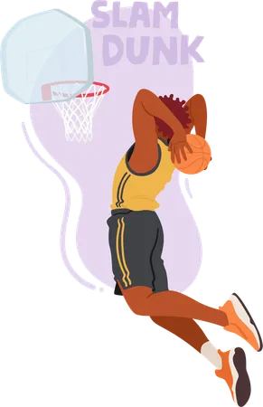Personagem masculino de jogador de basquete voa pelo ar  Ilustração