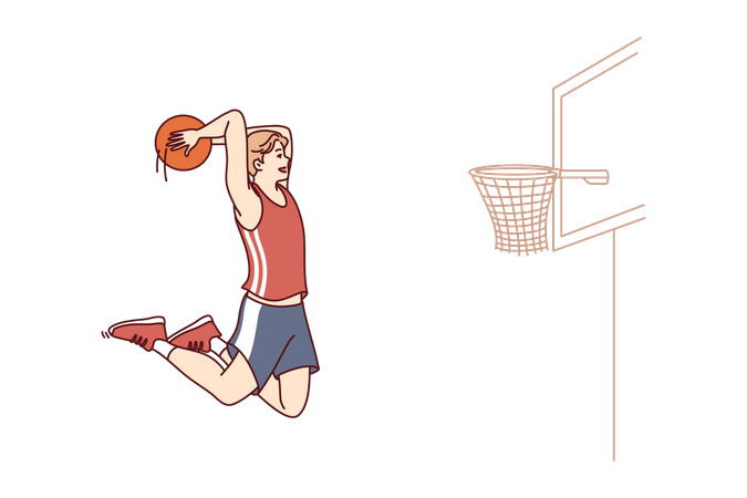 Jogador de basquete salta com a bola nas mãos para marcar gol no aro  Ilustração