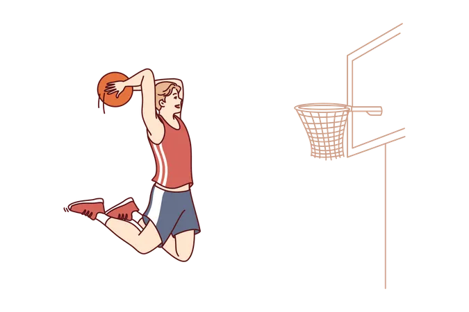 Jogador de basquete salta com a bola nas mãos para marcar gol no aro  Ilustração