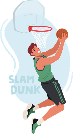 Jogador de basquete voa no ar segurando a bola com força  Ilustração