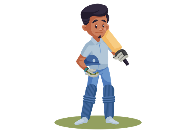 Jogador de críquete indiano segurando capacete e taco  Ilustração