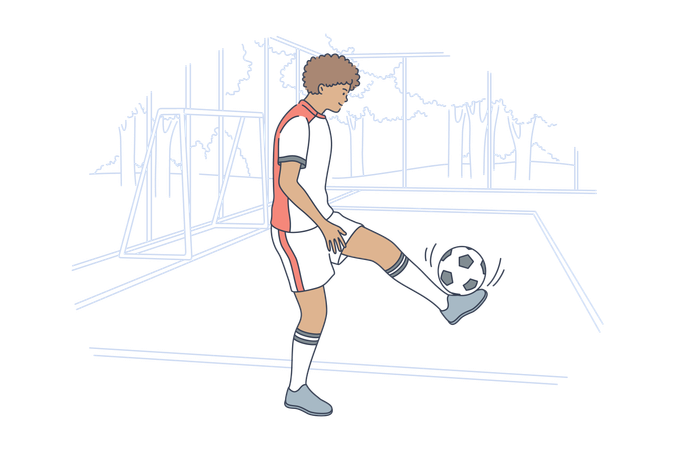 Jogador de futebol infantil chutando bola no campo  Ilustração