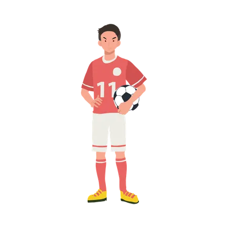 Jogador de futebol em pé com futebol  Ilustração