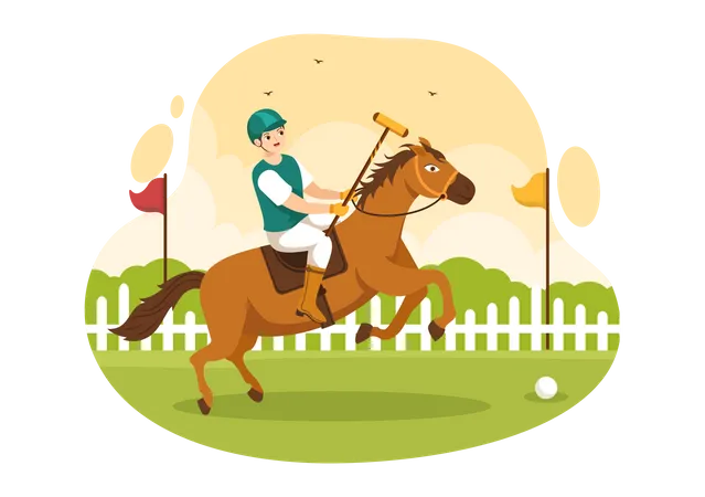 Esportes De Cavalo Polo Com Jogador Andando A Cavalo E Segurando Equipamento De Uso De Vara Definido Em Cartaz De Desenho Animado Plano Ilustracao De Modelo Desenhado A Mao Ilustração