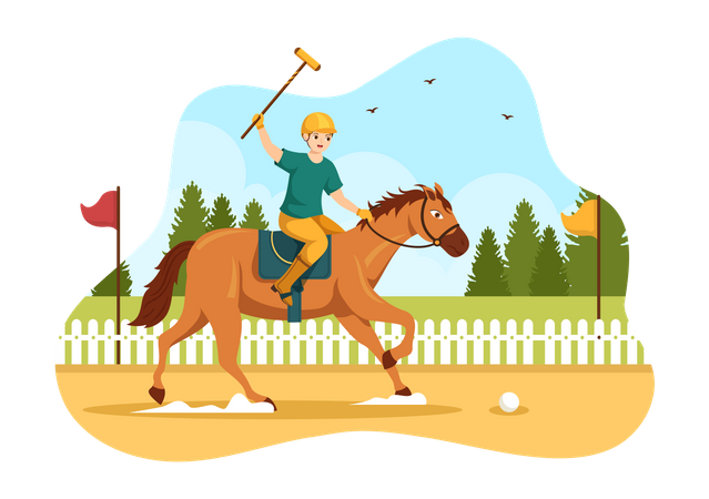 Jogador de cavalo de pólo batendo bola  Ilustração