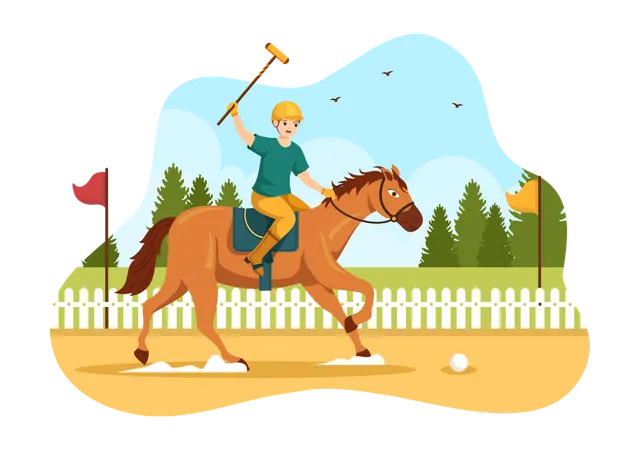 Esportes De Cavalo Polo Com Jogador Andando A Cavalo E Segurando Equipamento De Uso De Vara Definido Em Cartaz De Desenho Animado Plano Ilustracao De Modelo Desenhado A Mao Ilustração
