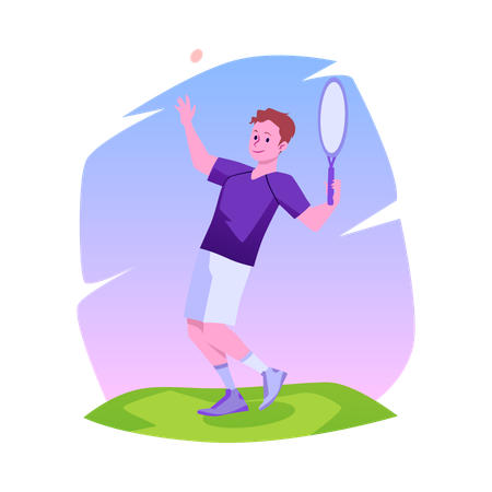Jogador de tênis se preparando para bater a bola no gramado  Ilustração