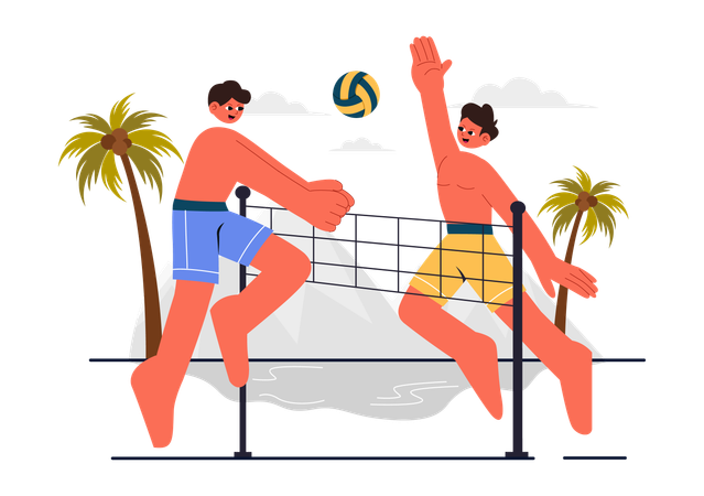 Jogador jogando vôlei de praia em terreno arenoso  Ilustração