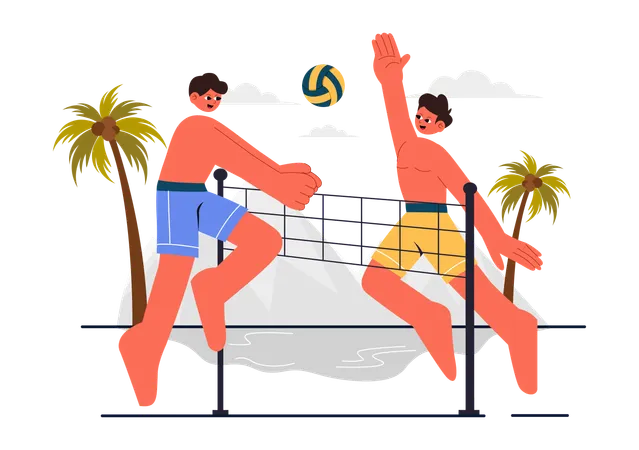 Jogador jogando vôlei de praia em terreno arenoso  Ilustração