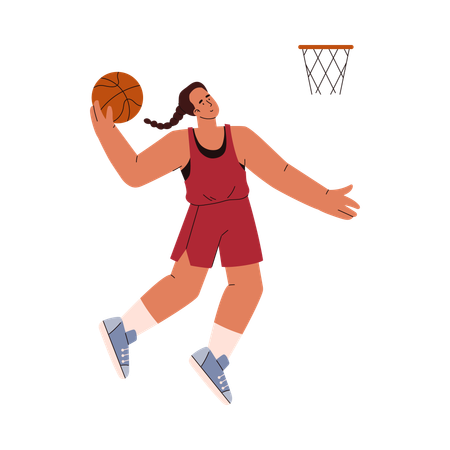 Jogadora de basquete joga bola na cesta  Ilustração