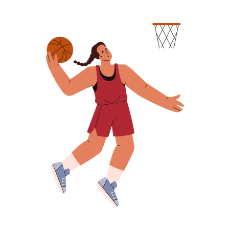 Jogadora de basquete joga bola na cesta  Ilustração