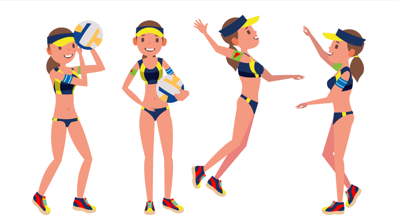 Jogadora de vôlei de praia feminina com postura de jogo diferente  Ilustração