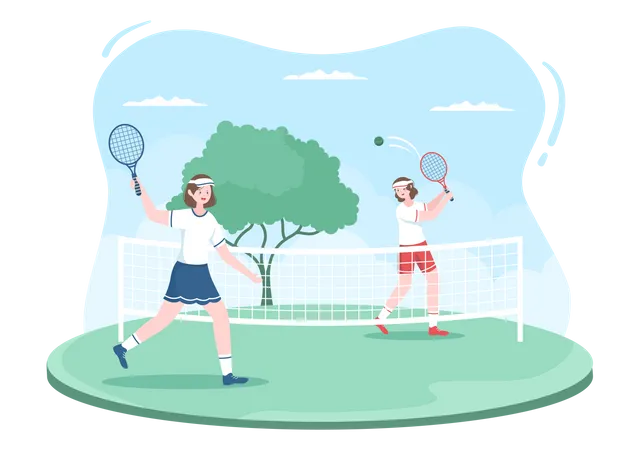 Tenista Com Raquete Na Mao E Bola Na Quadra Pessoas Fazendo Partidas Esportivas Em Ilustracao Plana De Desenho Animado Ilustração