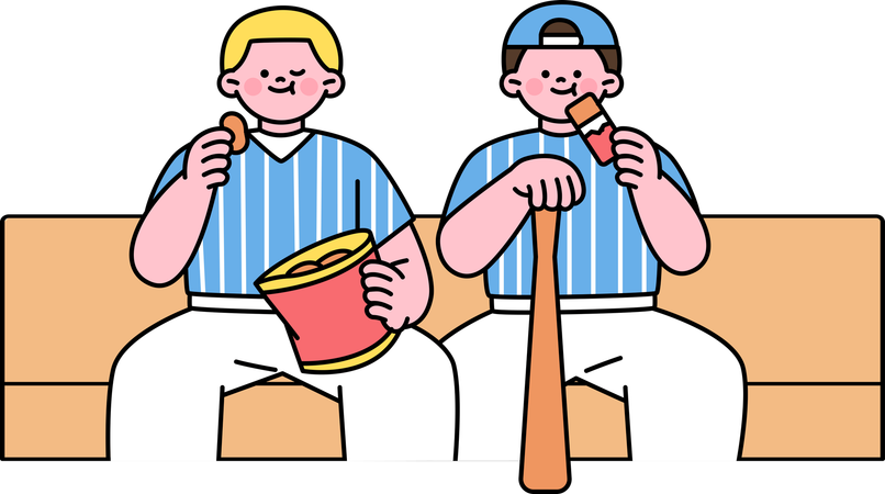 Jogadores de beisebol comendo comida  Ilustração