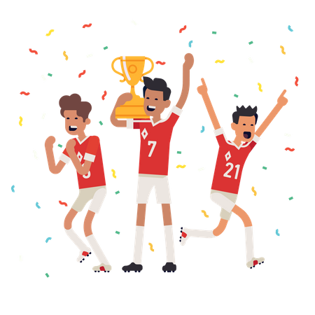 Jogadores do time de futebol comemorando a taça de ouro que acabaram de ganhar  Ilustração