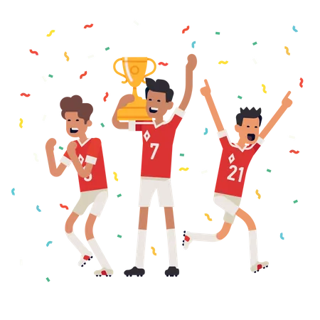 Jogadores do time de futebol comemorando a taça de ouro que acabaram de ganhar  Ilustração