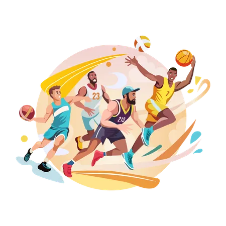 Jogadores jogando em partida de basquete  Ilustração