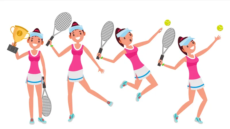 Vetor De Jogador De Tenis De Mulher Brincando Com A Bola Poses Diferentes Em Acao Ilustra O Plana De Desenho Animado Ilustração