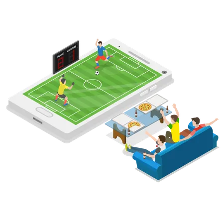Conceito De Vetor Isometrico Plano De Futebol Online Os Amigos Estao Sentados No Sofa Assistindo A Partida De Futebol Que Esta Acontecendo No Topo Do Grande Smartphone Ilustração