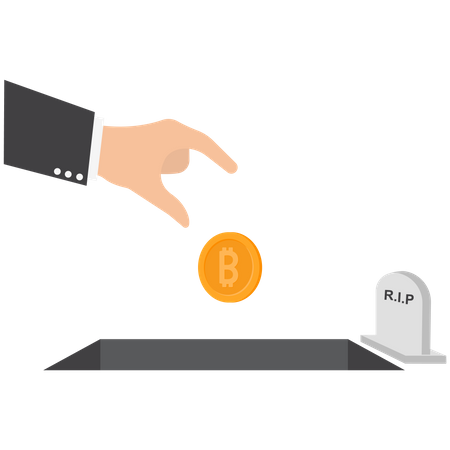 Mão jogando bitcoin em uma tumba  Ilustração