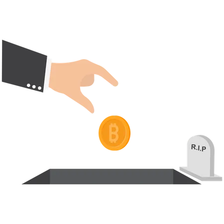 Mão jogando bitcoin em uma tumba  Ilustração