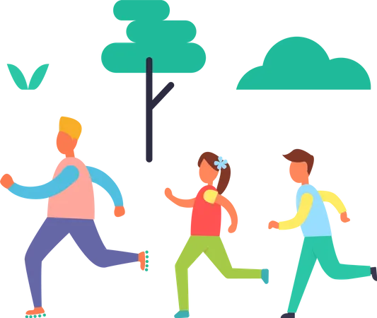 Fitness Jogging Father And Kids Children With Active Lifestyle Running With Parent Good Habit Of Boy And Girl Trees And Bushes Isolated On Vector Illustration