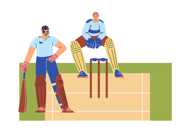 Jogabilidade de críquete com personagens em campo  Ilustração