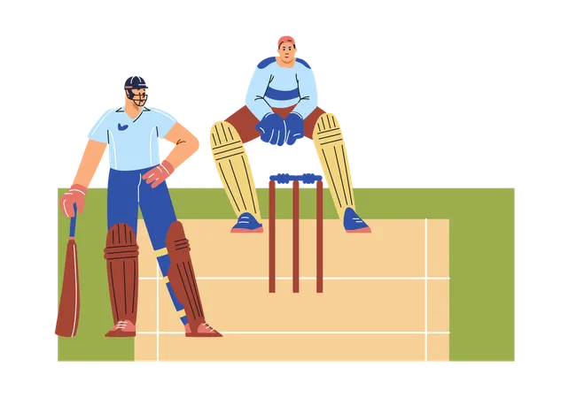 Jogabilidade de críquete com personagens em campo  Ilustração